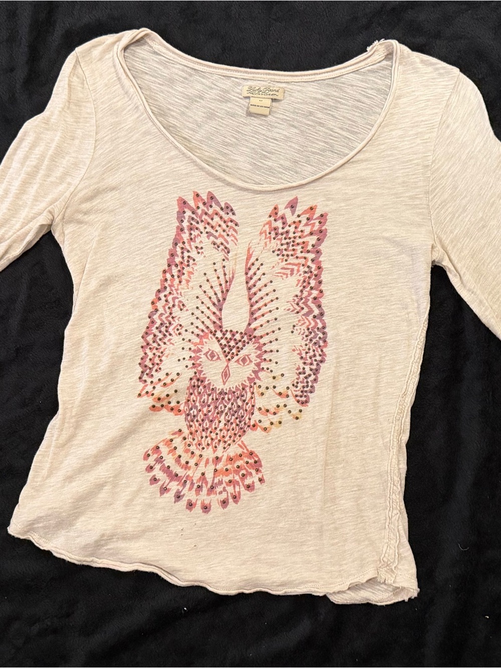 Lucky Brand Cream Long Sleeve Scoop Neck Tee with Pink Owl Graphic